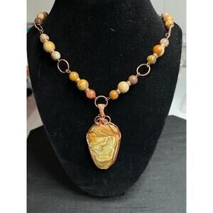 Picture Jasper 20" necklace & Earrings 2" teardrop cabochon copper tan beige